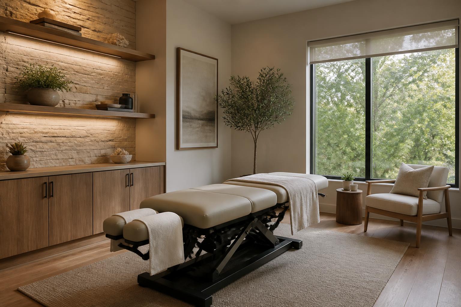 Bright chiropractic treatment room with warm neutral materials and natural light.