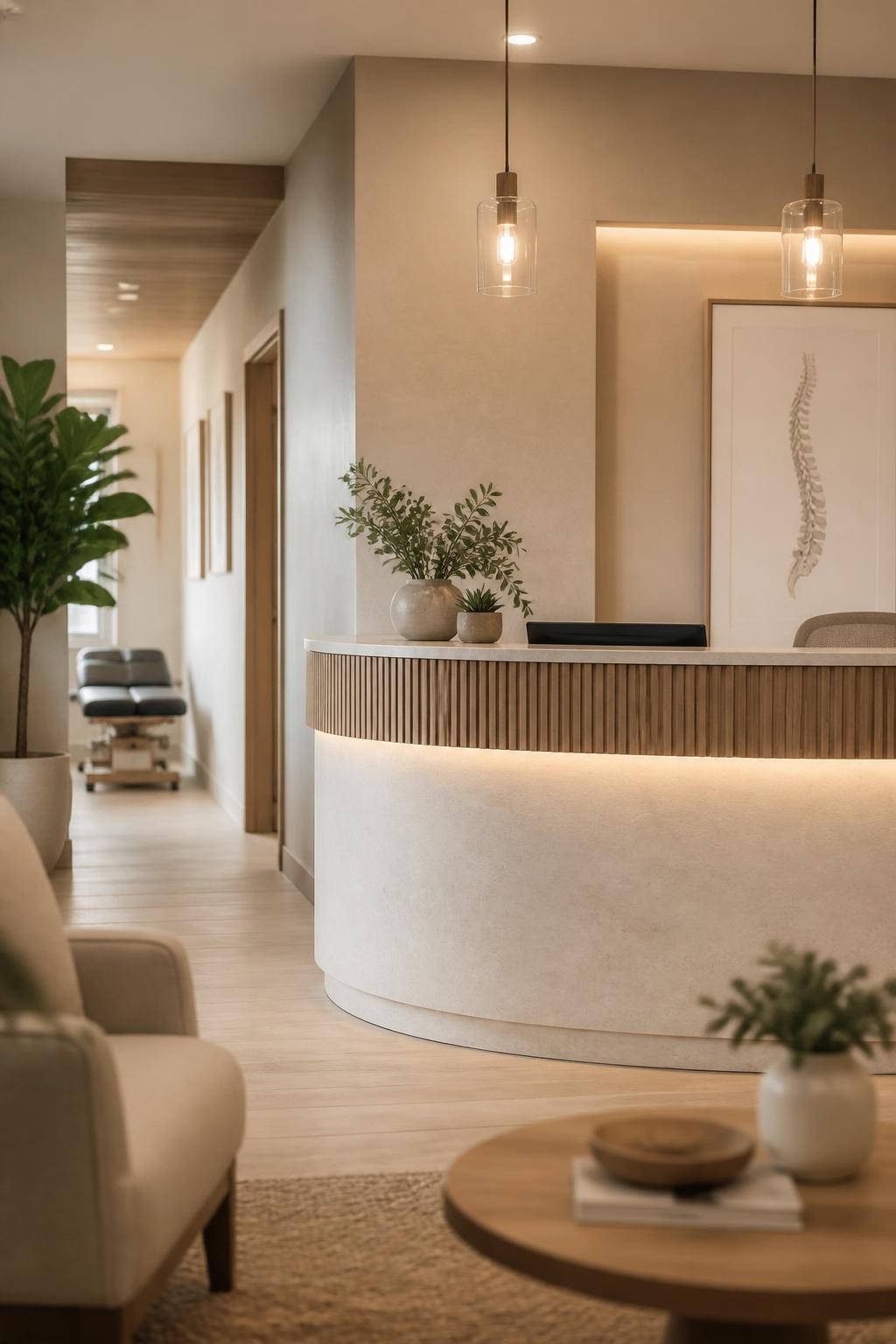 Welcoming chiropractic reception area with soft light and neutral decor.